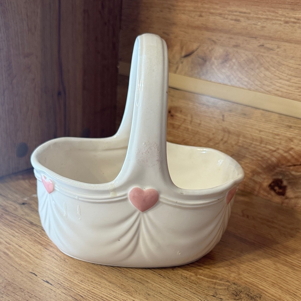Charming Ceramic Basket with Pink Heart Accents